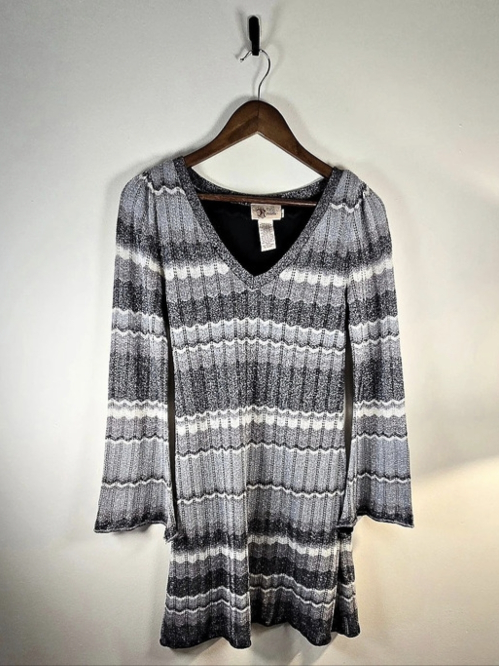 Roulette Vintage Y2k Era  Metallic Chevron Knit Long Sleeve V-Neck Dress - Small